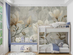 Children's room with floral wallpaper, bunk bed, and decorative items.