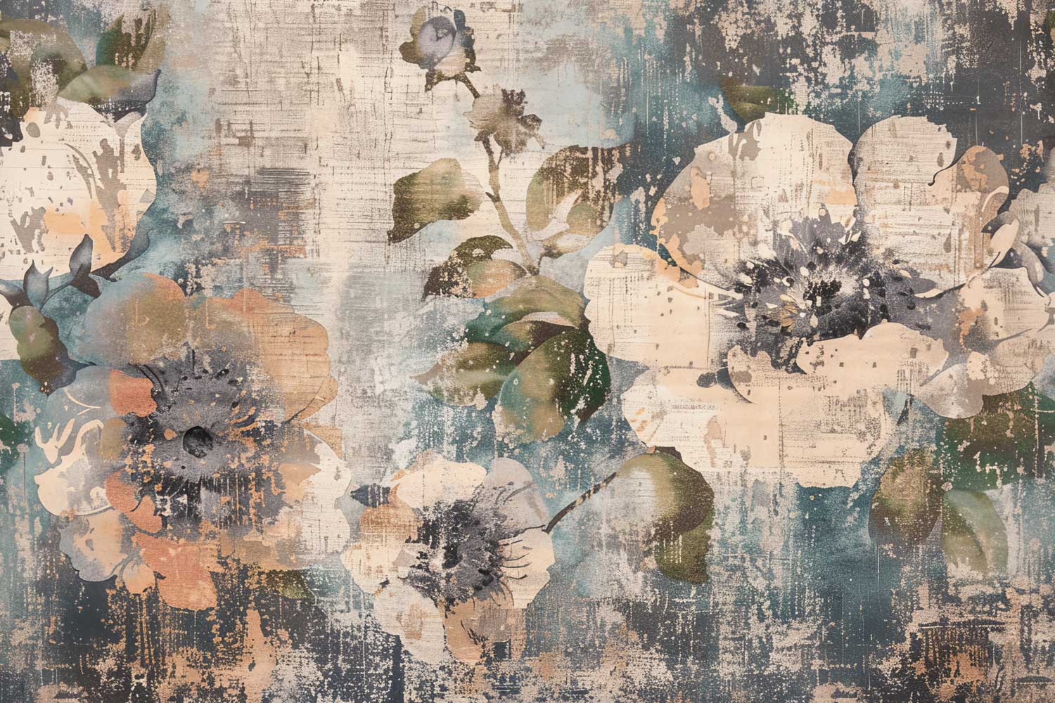 Abstract floral design with muted colors on a textured background