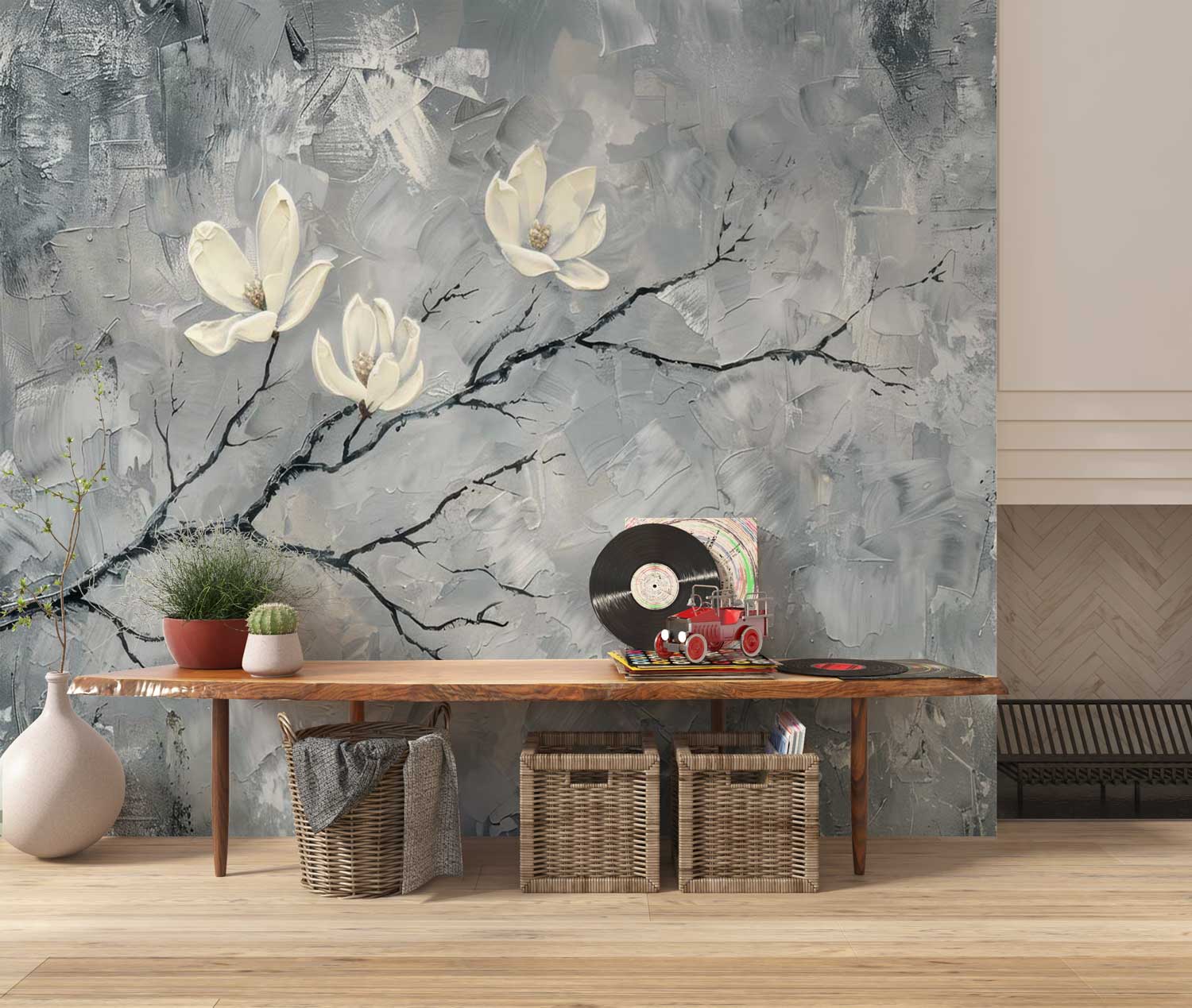 Room interior with a decorative wall mural of flowers and branches, wooden table, and plants. wallpaper, customize wallpaper, design, 