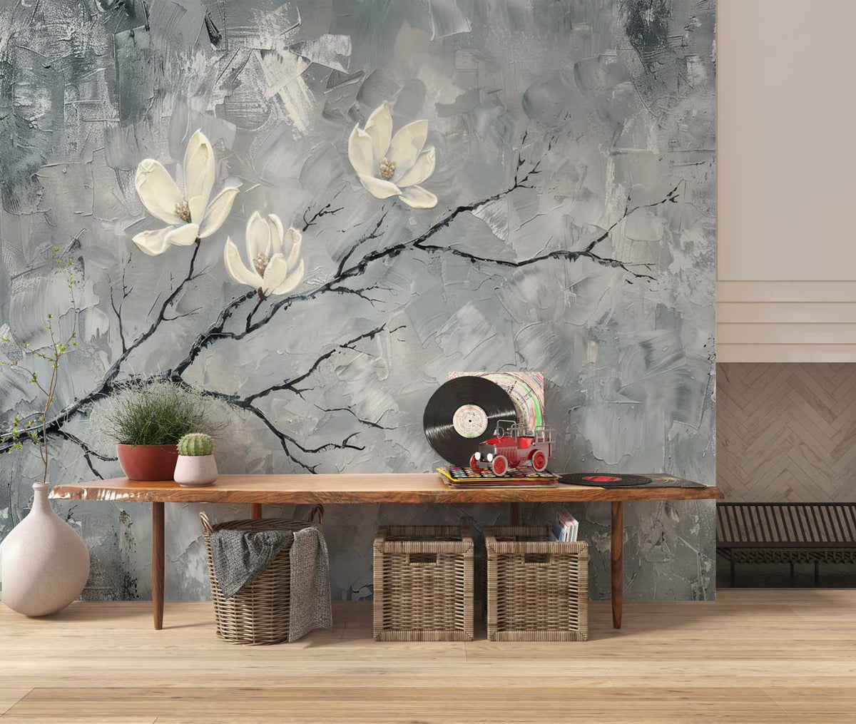Room interior with a decorative wall mural of flowers and branches, wooden table, and plants. wallpaper, customize wallpaper, design, 