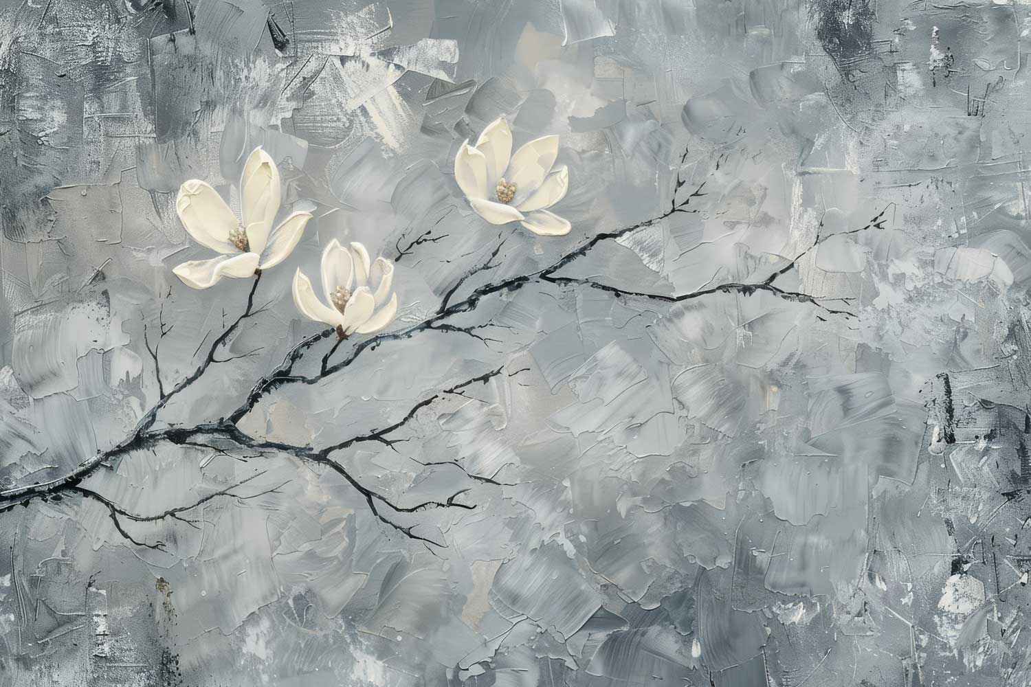 Artistic depiction of white flowers on a textured gray background