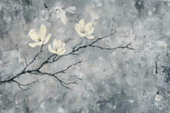 Artistic depiction of white flowers on a textured gray background