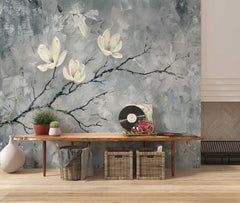 Room interior with a decorative wall mural of flowers and branches, wooden table, and plants. wallpaper, customize wallpaper, design, 